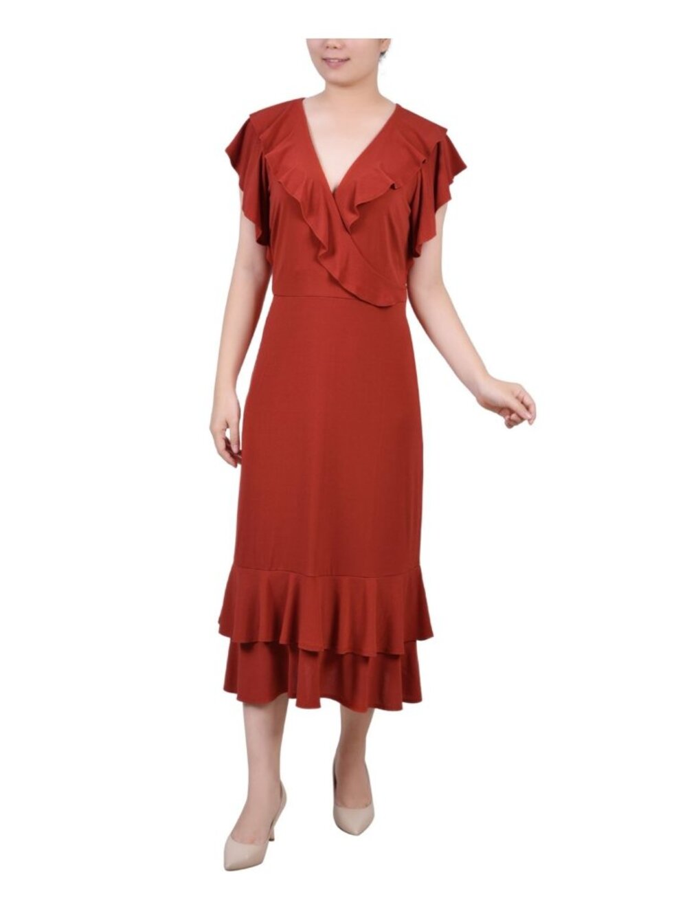 NY Collection Womens Flutter Sleeve Ruffled Dress Petite Red Size PM NWT